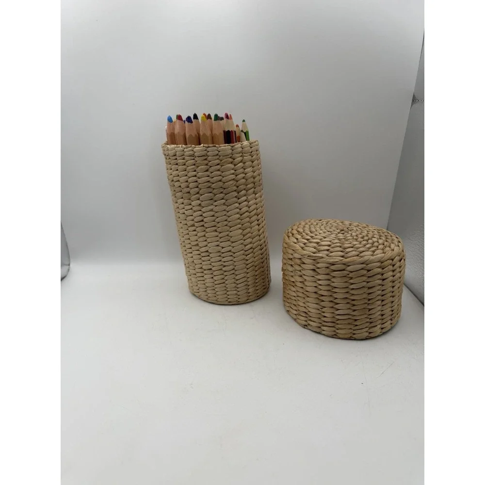 Woven Hyacinth Pencil Holder Basket w/ Lid  Multiple Brands Colored Pencils